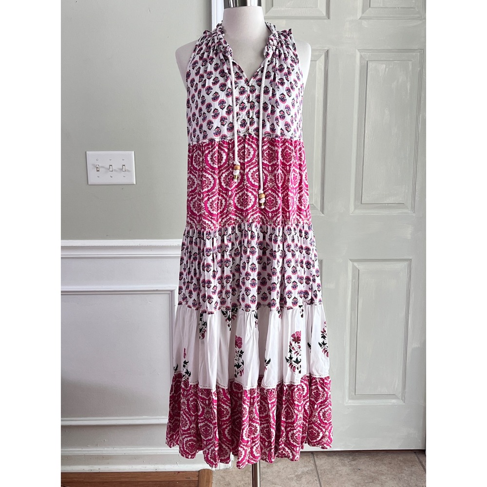 Chelsea & Theodore Tiered Maxi Dress Small Women Boho Floral Pink Block Print